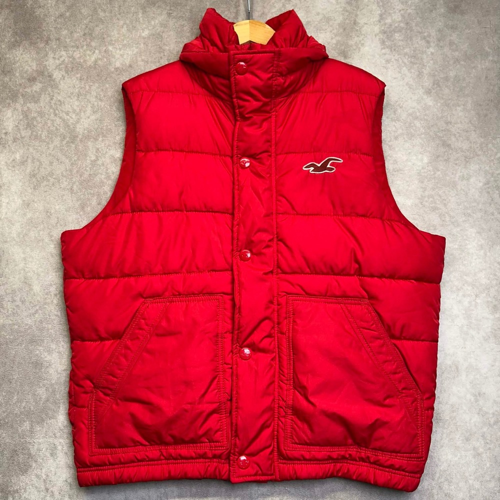 Hollister Mens Red Puffer Vest XL Quilted Snap Front Mock Neck Logo